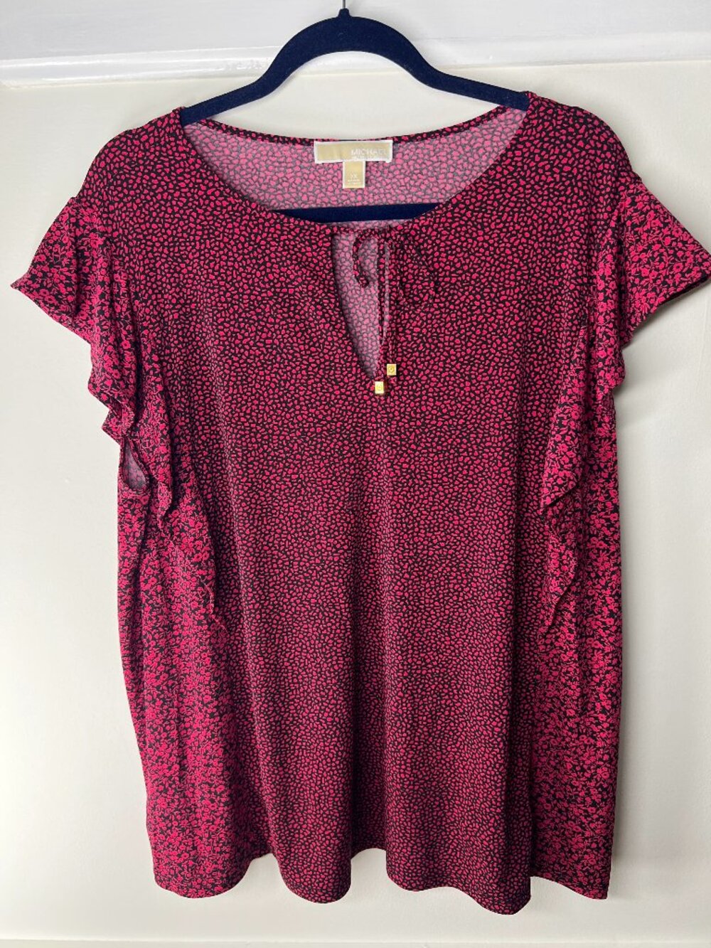 Michael Kors Womens Size 3X Top Pink Black Ruffle Sleeve Floral Print